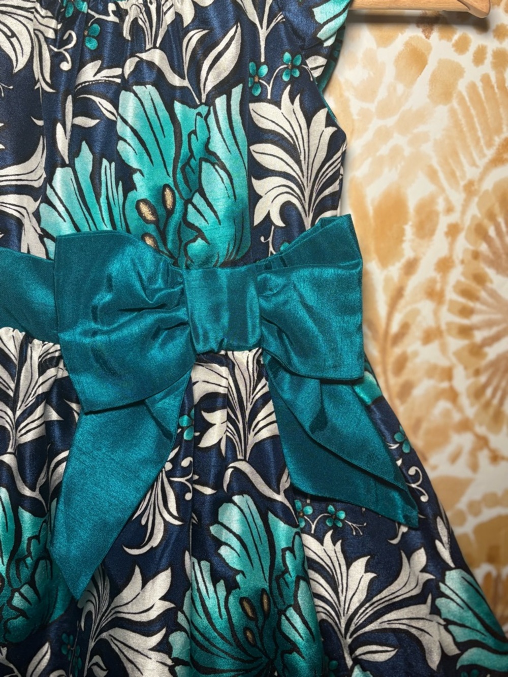 Girls Floral Party Dress Teal Navy Bow Waist Holiday Special Occasion Dress - Picture 6 of 8